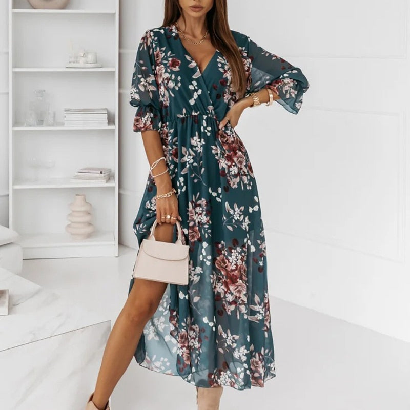 Women's Long Sleeve V-Neck Zebra Print Slit Dress Maxi