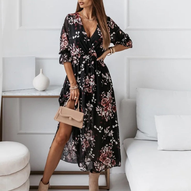 Women's Long Sleeve V-Neck Zebra Print Slit Dress Maxi