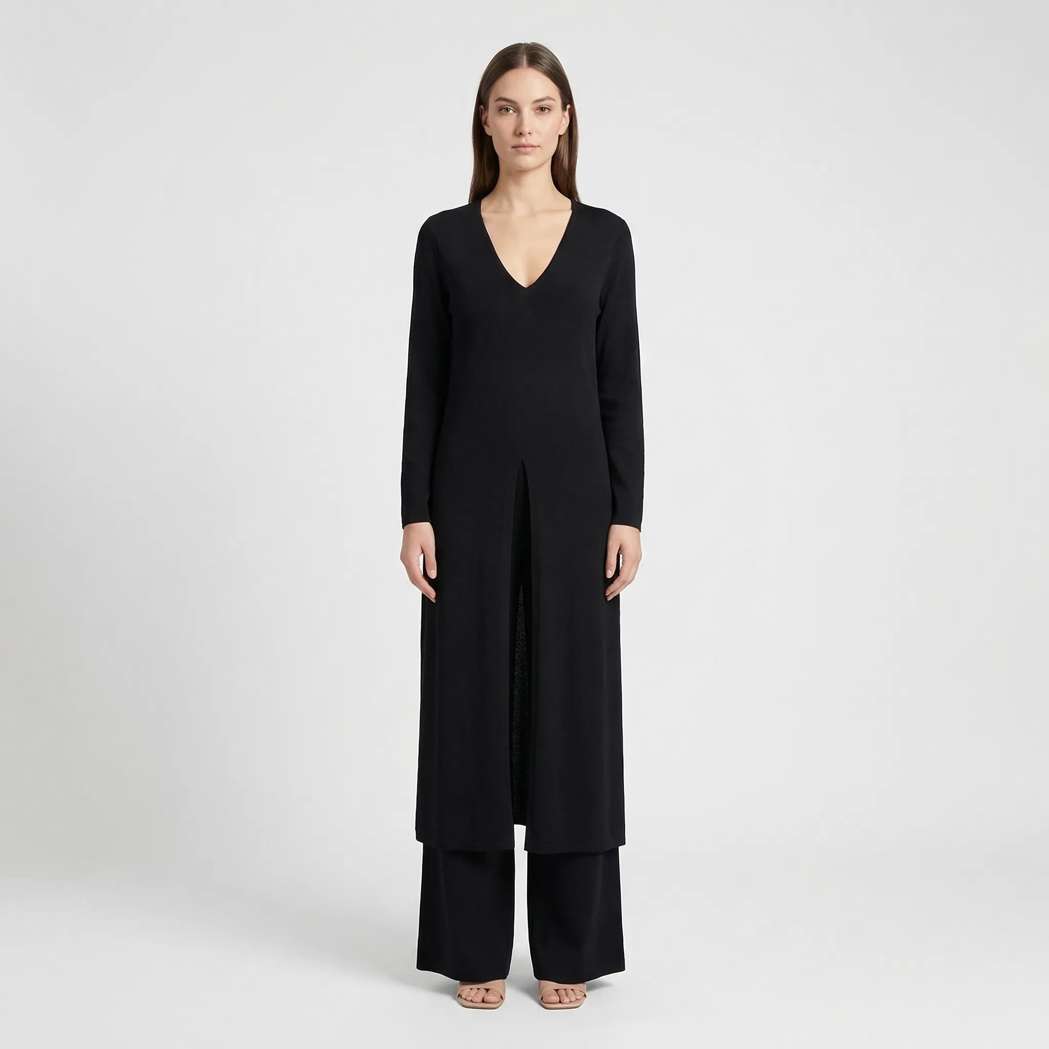 Women's Maxi Tunic Wide Leg Pants Set V-Neck Long Sleeve