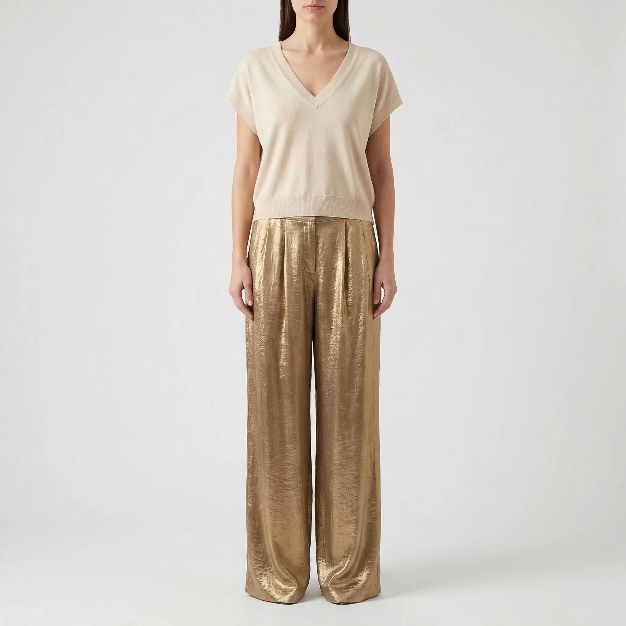 Women's Metallic Knit Top Wide Leg Pants Set Pleated High Waist