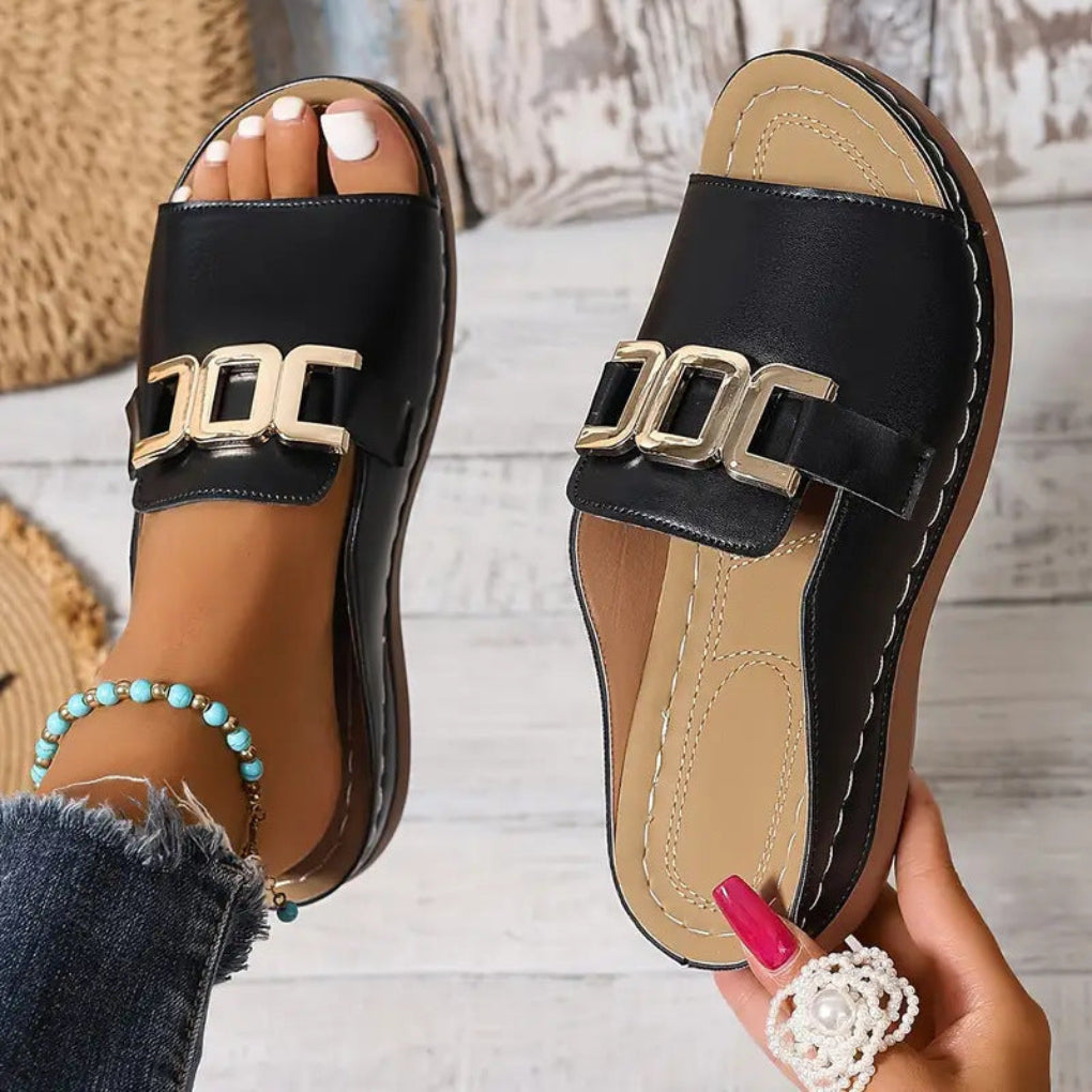 Women's Open Toe Chain Detail Flat Sandals Platform Slide