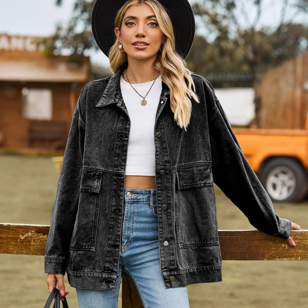 Women's Oversized Black Denim Jacket Button-Front