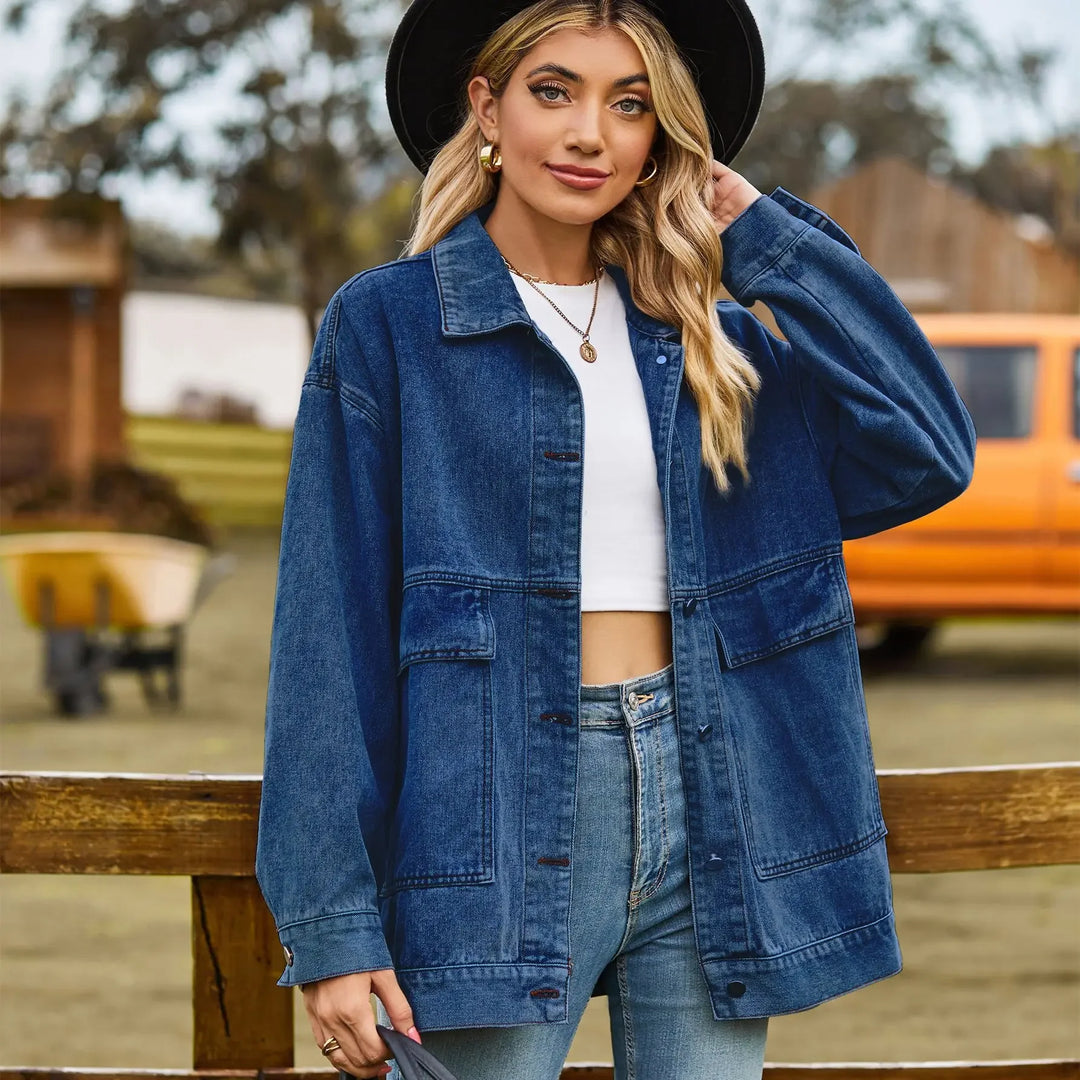 Women's Oversized Black Denim Jacket Button-Front