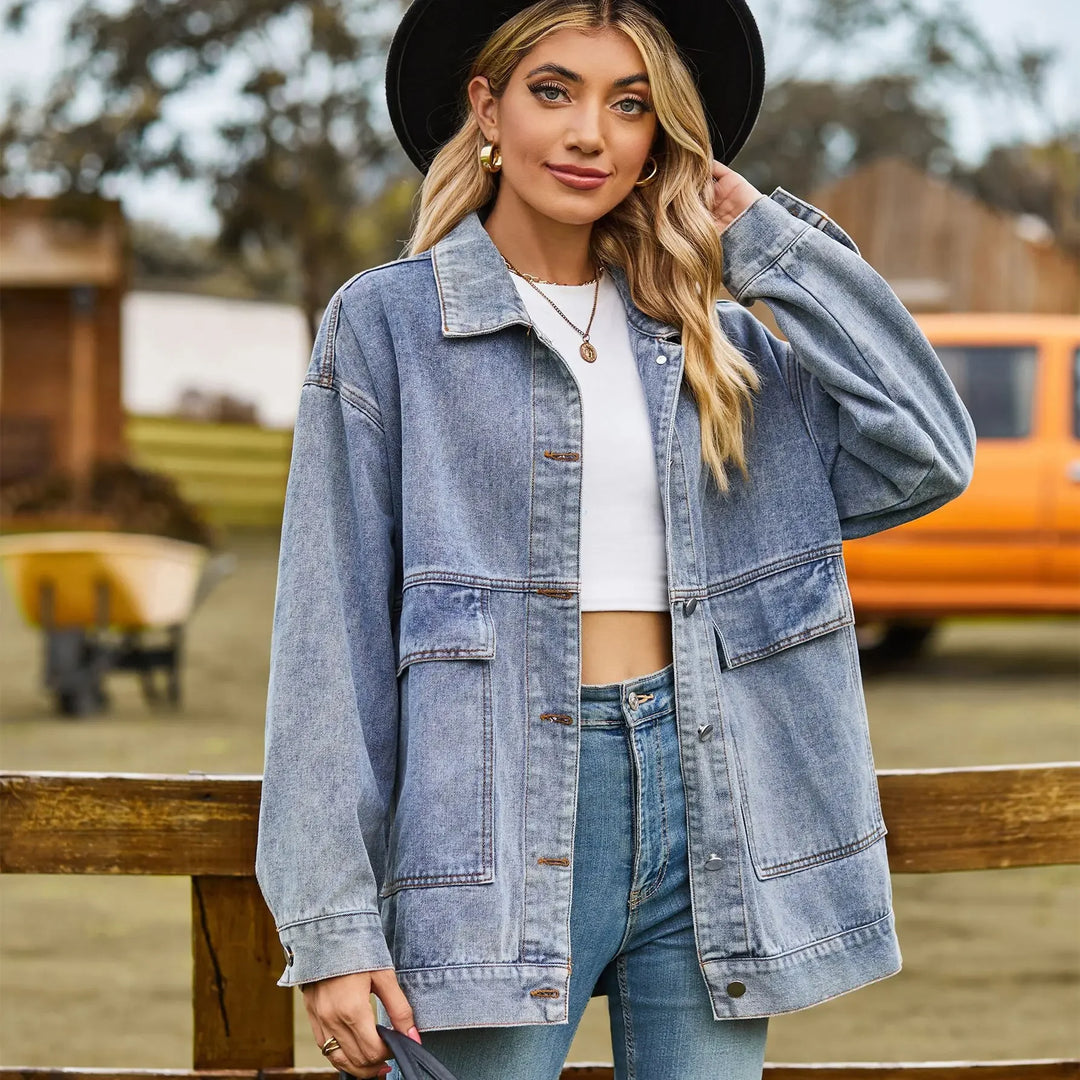 Women's Oversized Black Denim Jacket Button-Front