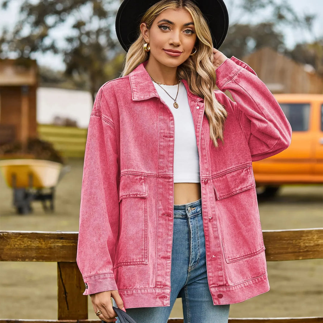 Women's Oversized Black Denim Jacket Button-Front