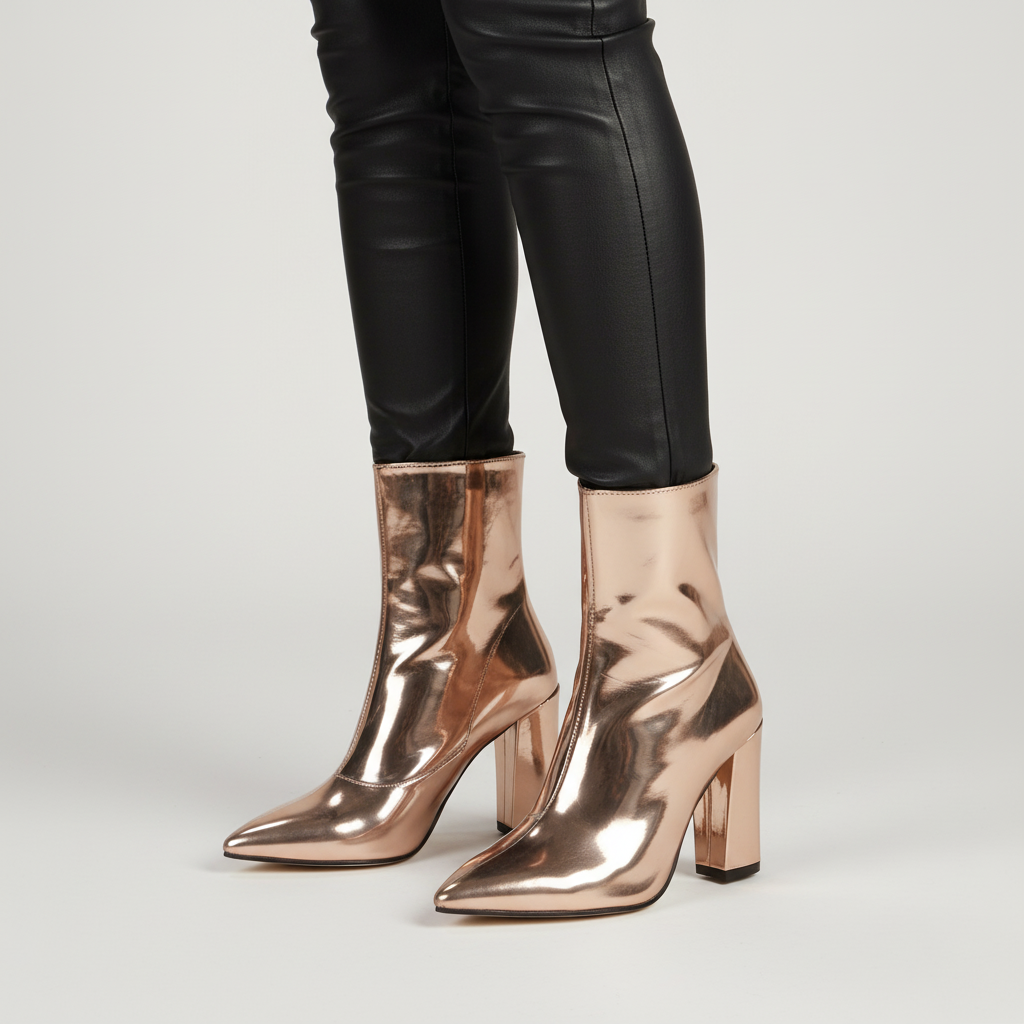 Women's Patent Ankle Boots High Block Heel Pointed Toe Side Zip