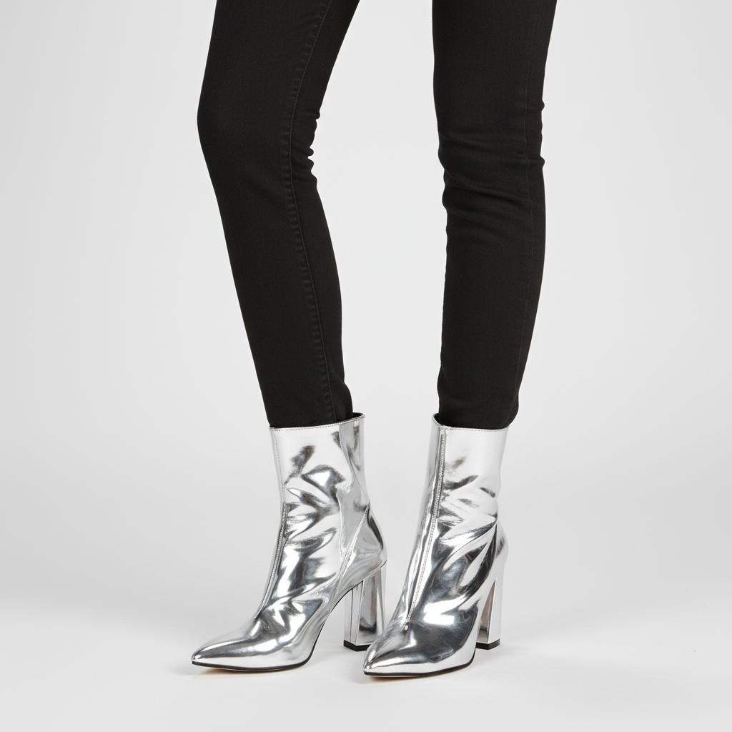 Women's Patent Ankle Boots High Block Heel Pointed Toe Side Zip