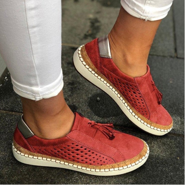 Women's Perforated Slip-On Loafers Tassel Detail Espadrille Flat Shoes
