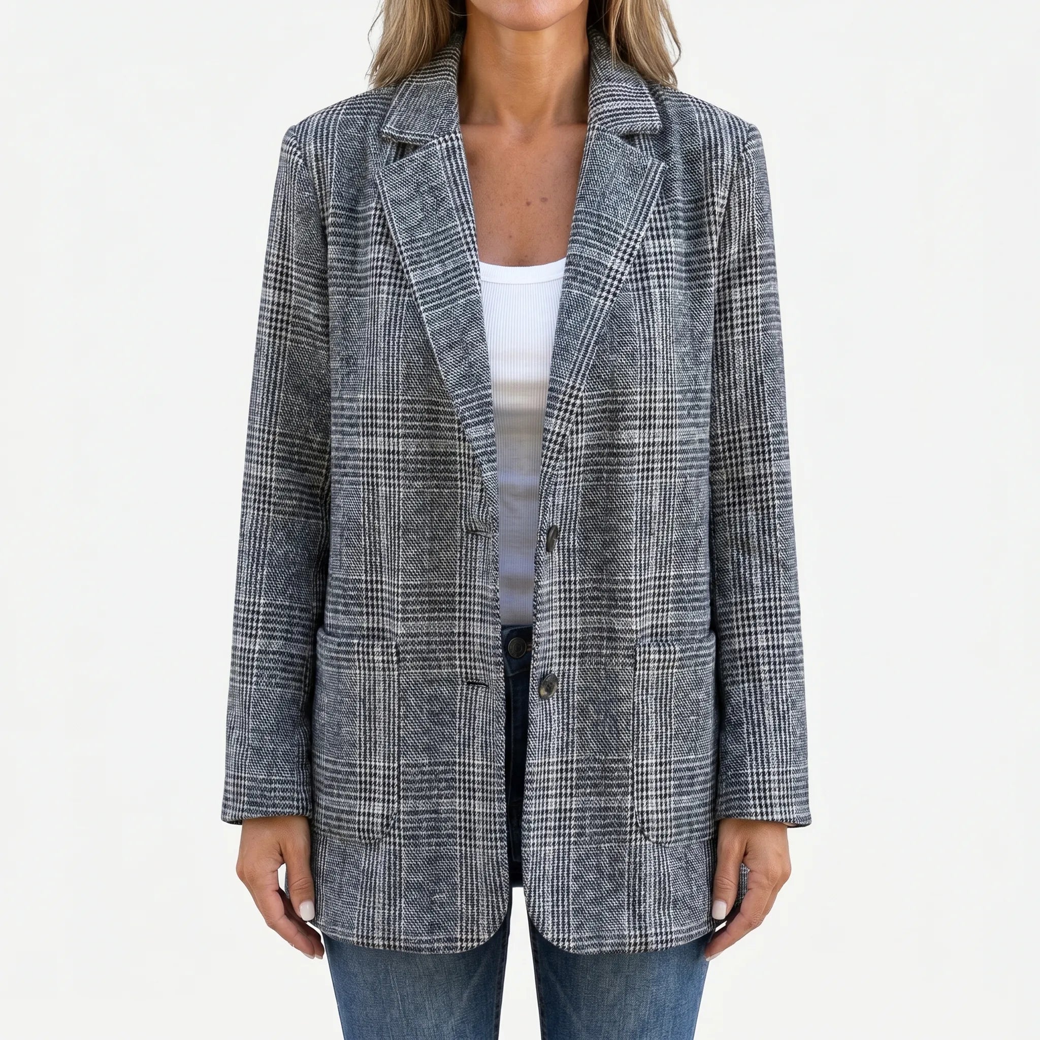 Women's Plaid Blazer Jacket Oversized Longline Notch Lapel