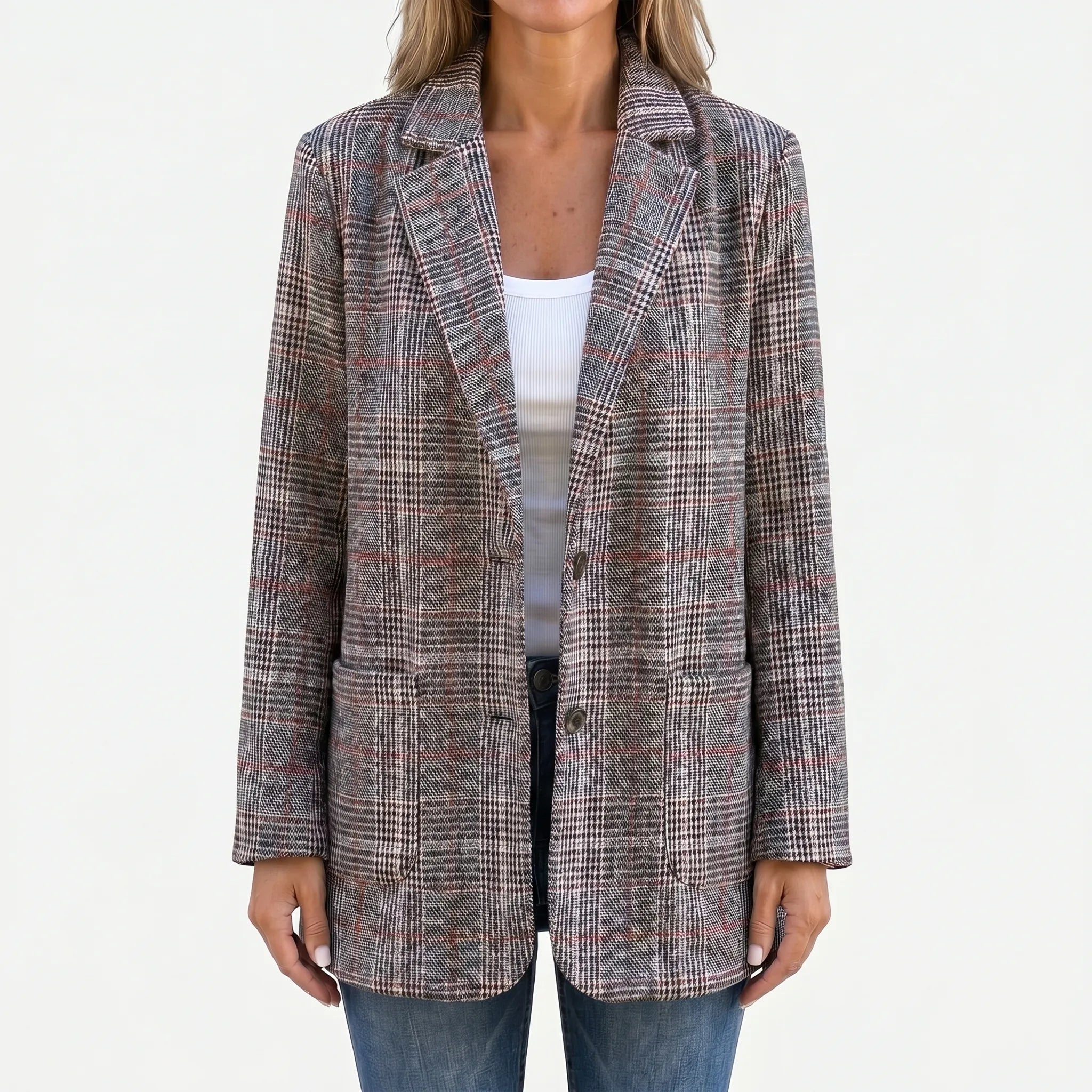 Women's Plaid Blazer Jacket Oversized Longline Notch Lapel
