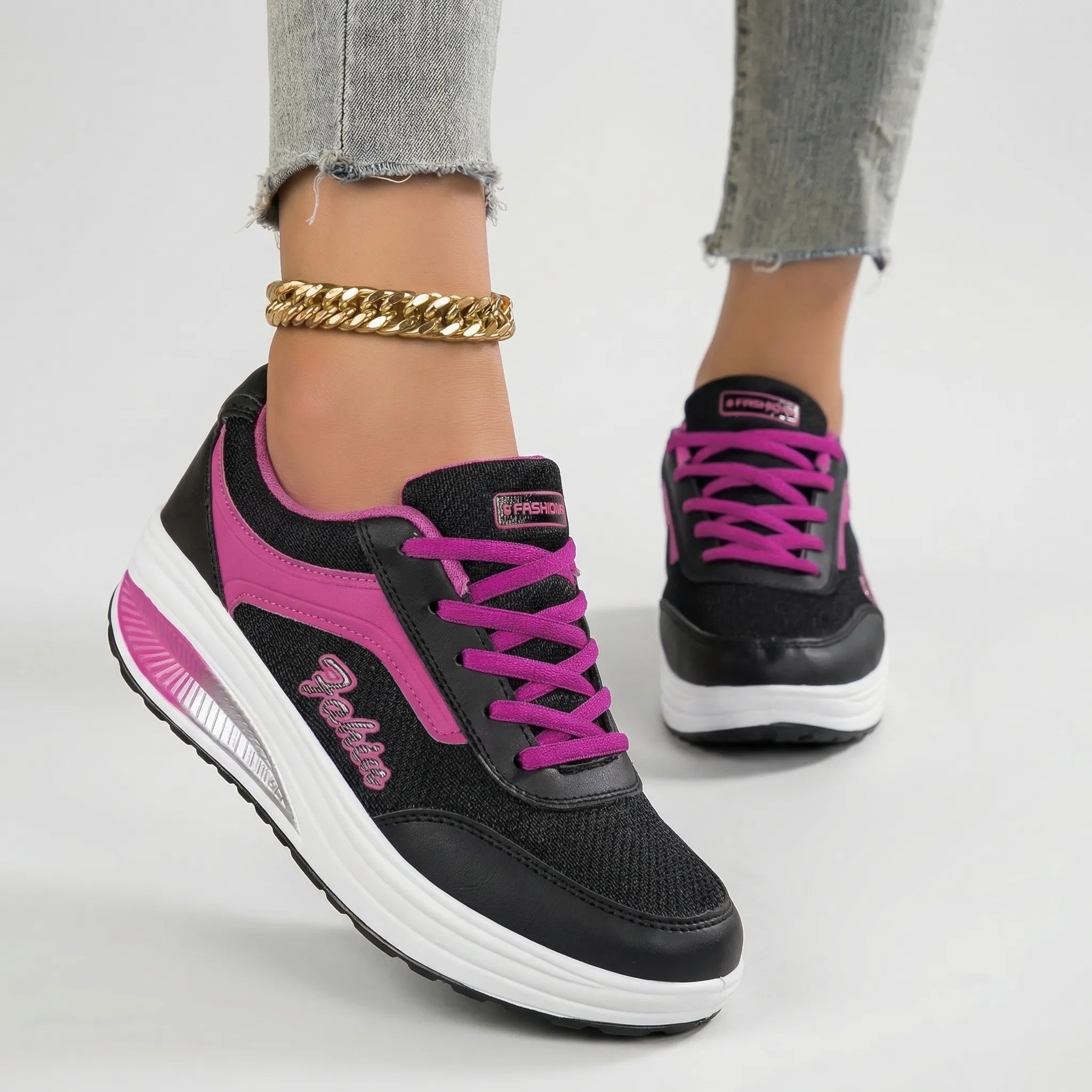 Women's Platform Lace-Up Sneakers Leather Chunky Sole Tennis Shoes
