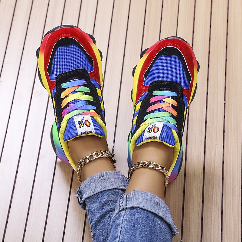 Women's Rainbow Color Block Chunky Platform Sneakers Dad Shoe