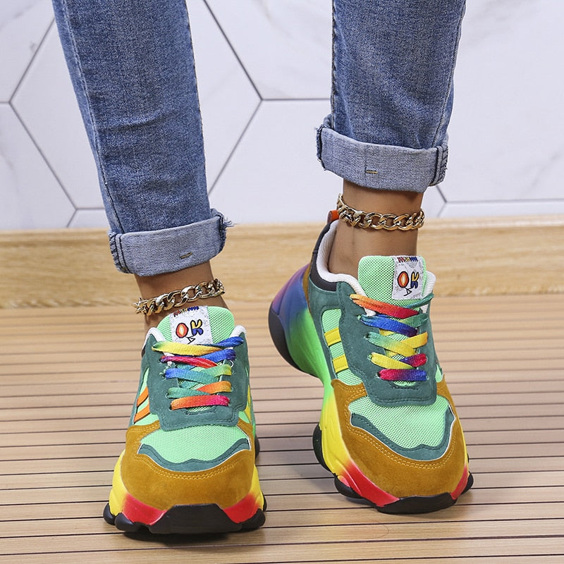 Women's Rainbow Color Block Chunky Platform Sneakers Dad Shoe