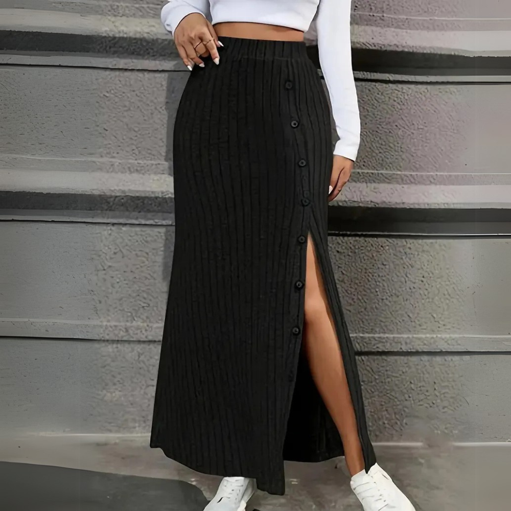 Women's Ribbed Maxi Skirt Button Slit