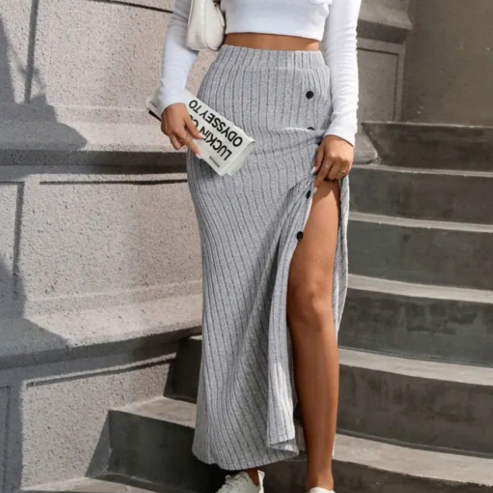 Women's Ribbed Maxi Skirt Button Slit