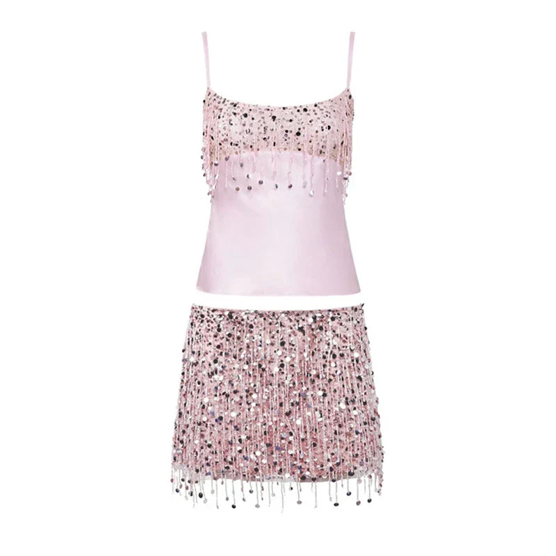 Women's Sequin Tassel Cami Top Mini Skirt Set Going Out Two Piece