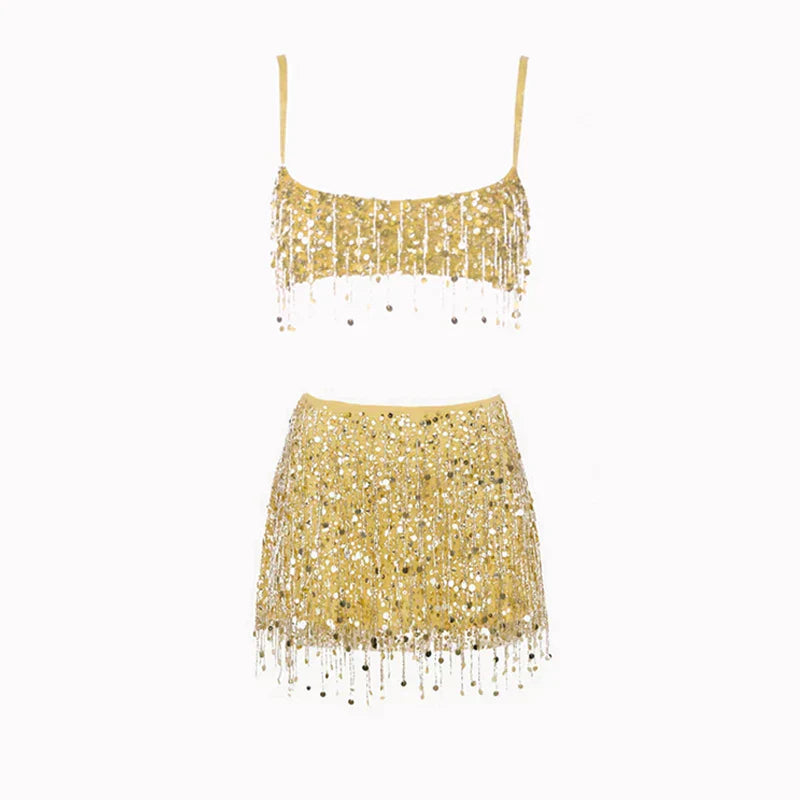 Women's Sequin Tassel Cami Top Mini Skirt Set Going Out Two Piece