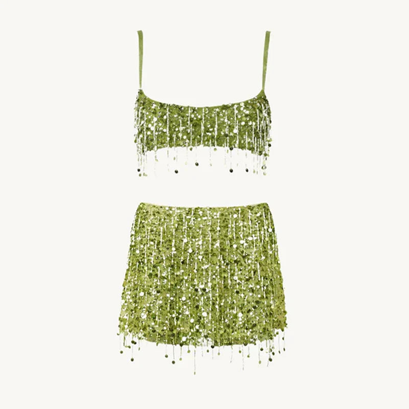 Women's Sequin Tassel Cami Top Mini Skirt Set Going Out Two Piece