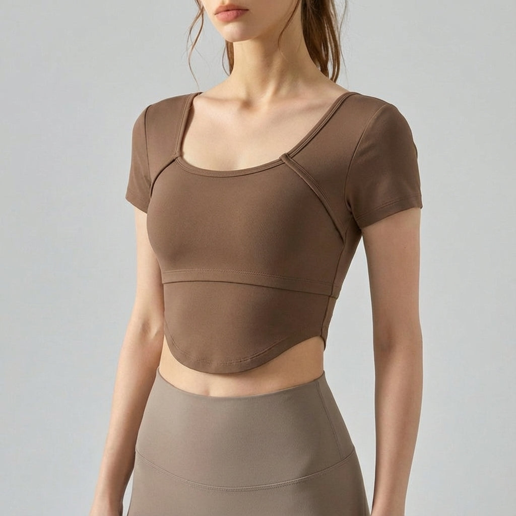 Women's Short Sleeve Crop Top Square Neck Workout Fitted