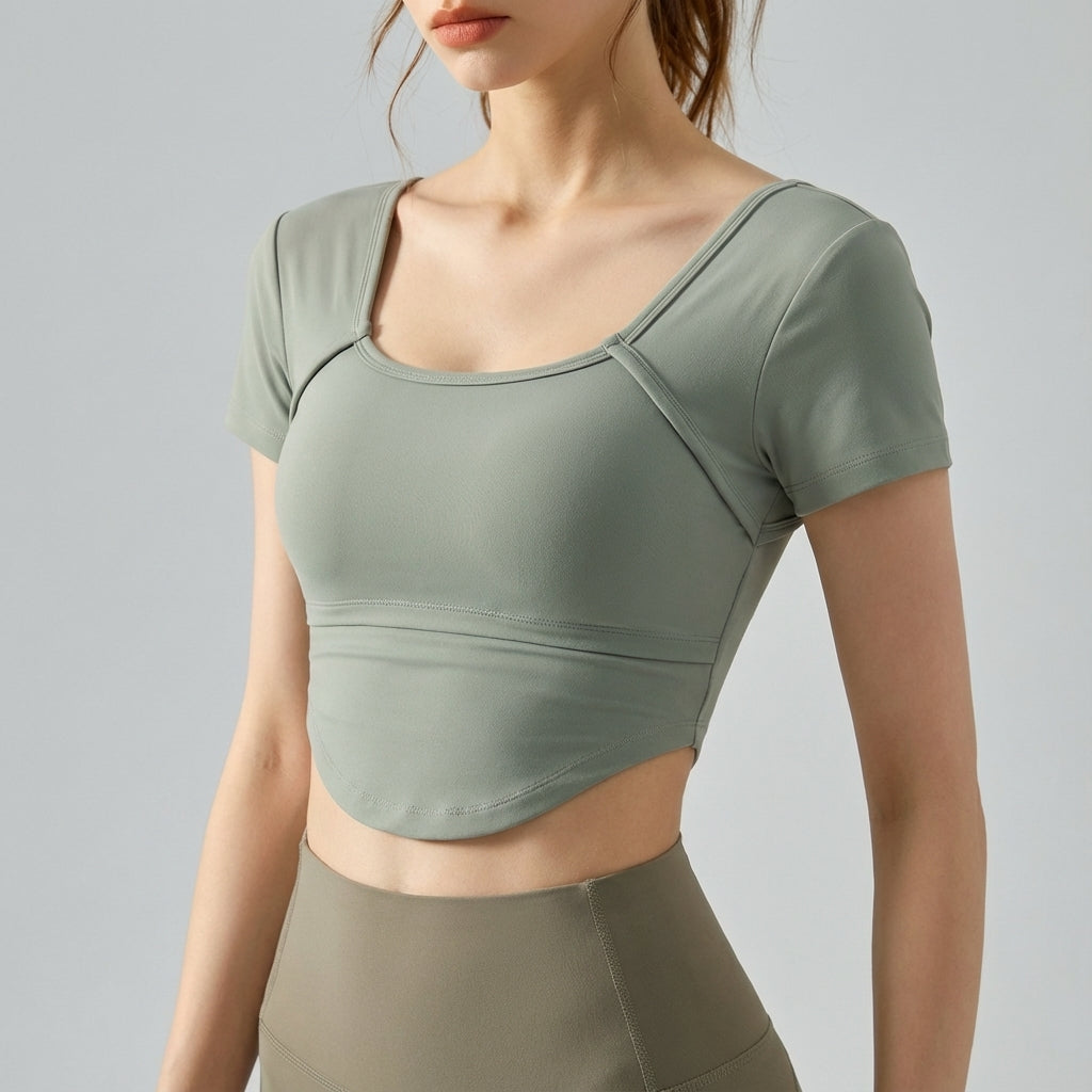 Women's Short Sleeve Crop Top Square Neck Workout Fitted