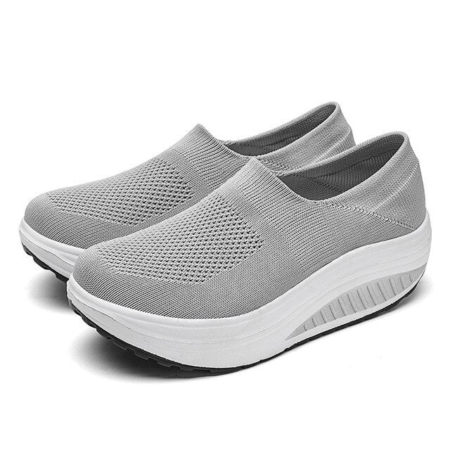 Women's Slip-On Platform Sneakers Knit Mesh Rocker Sole Walking Shoes