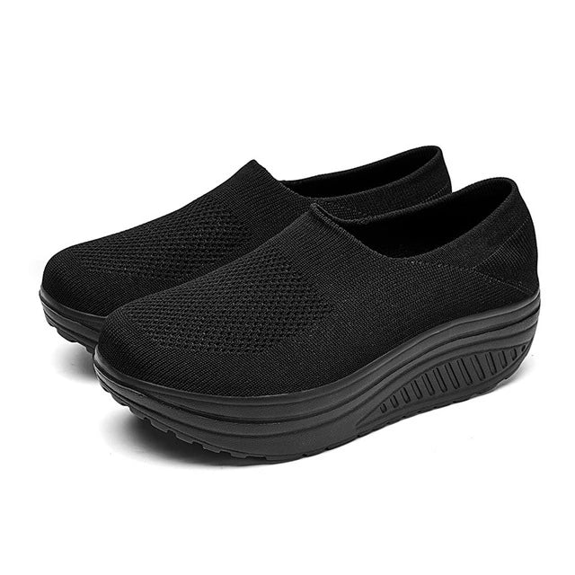 Women's Slip-On Platform Sneakers Knit Mesh Rocker Sole Walking Shoes