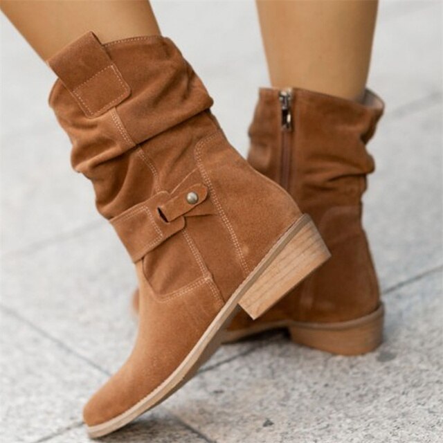 Women's Slouch Ankle Boots Mid Calf Block Heel Side Zip