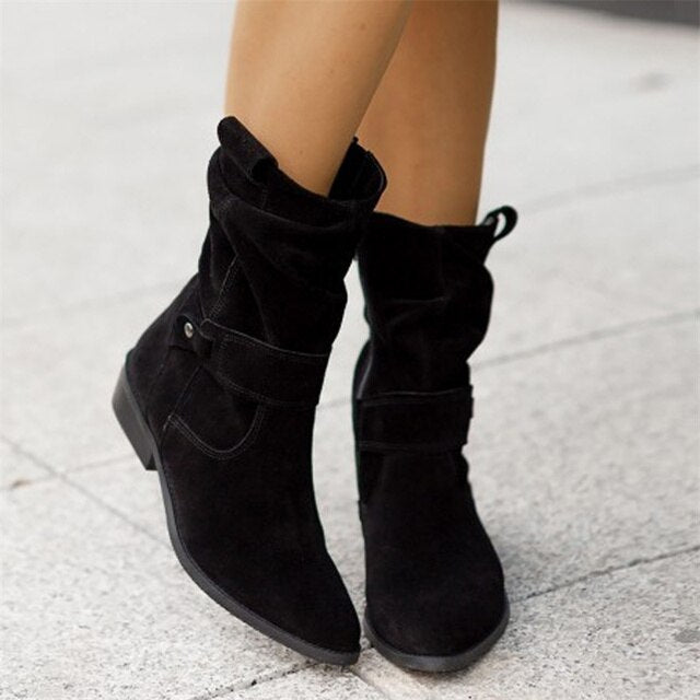 Women's Slouch Ankle Boots Mid Calf Block Heel Side Zip