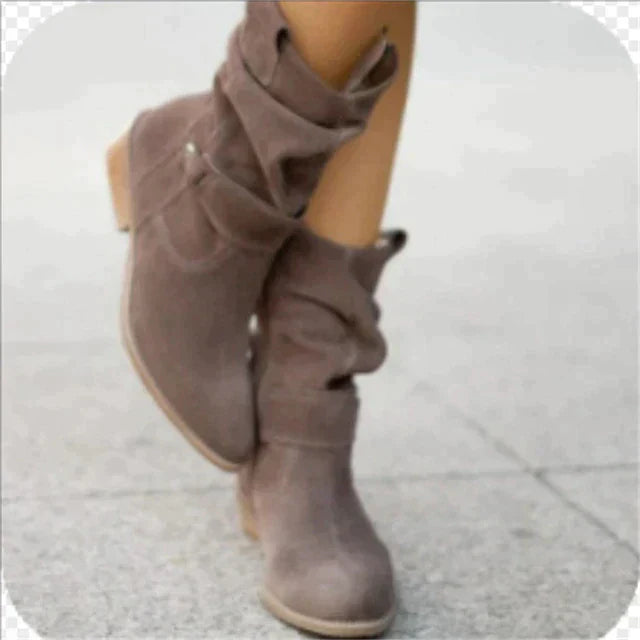 Women's Slouch Ankle Boots Mid Calf Block Heel Side Zip