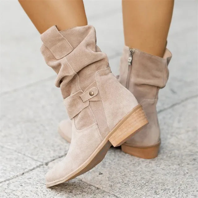 Women's Slouch Ankle Boots Mid Calf Block Heel Side Zip