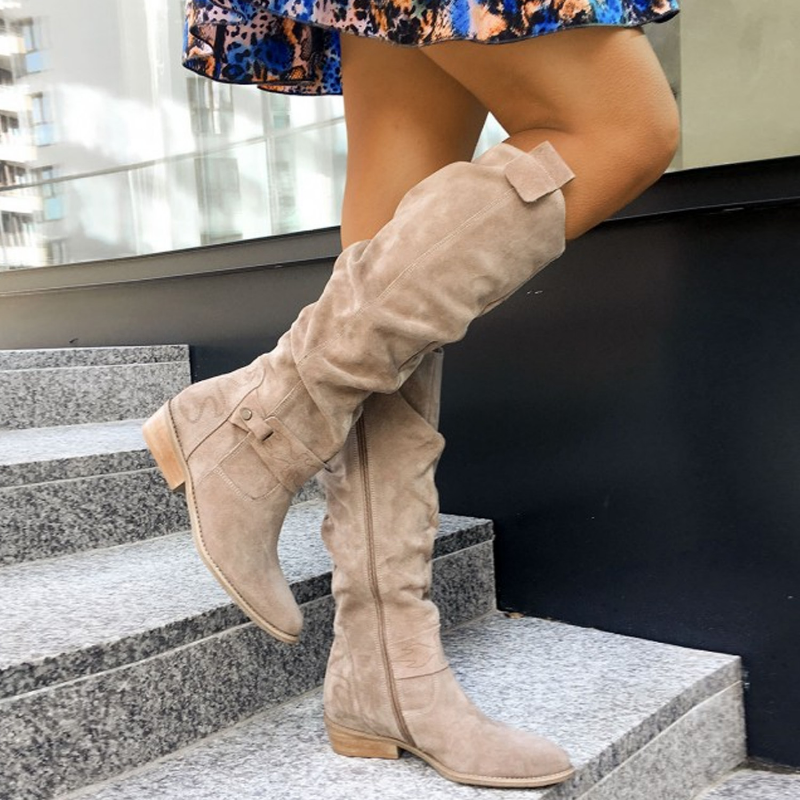 Women's Slouch Knee High Boots Flat Heel Buckle Strap Side Zip