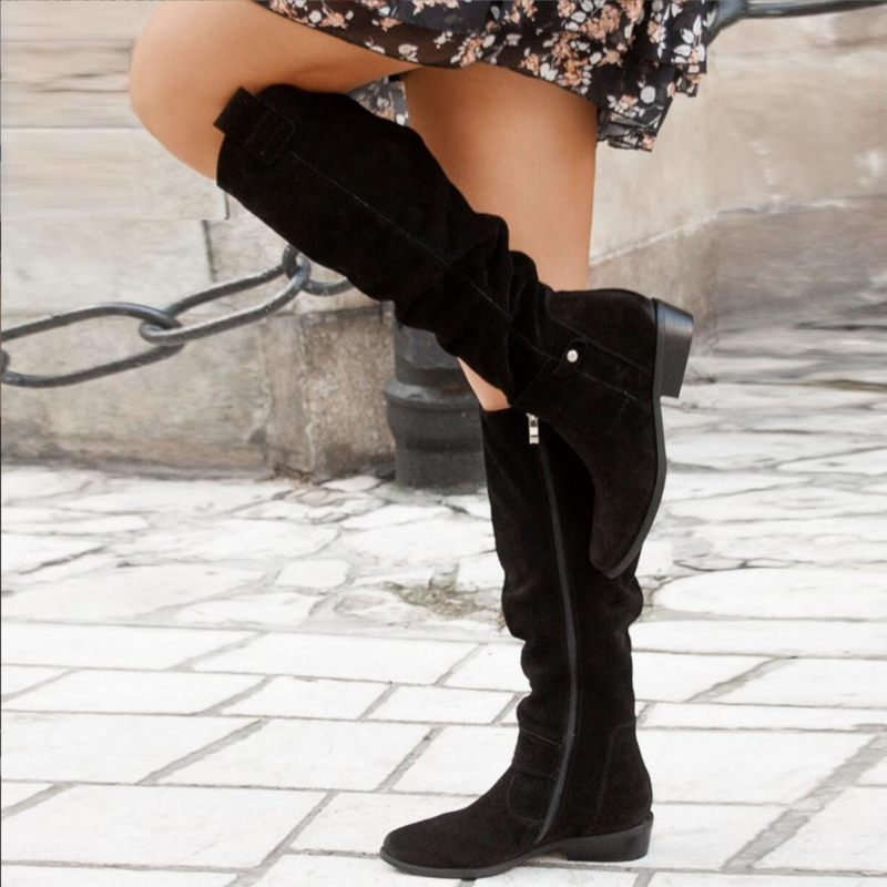 Women's Slouch Knee High Boots Flat Heel Buckle Strap Side Zip