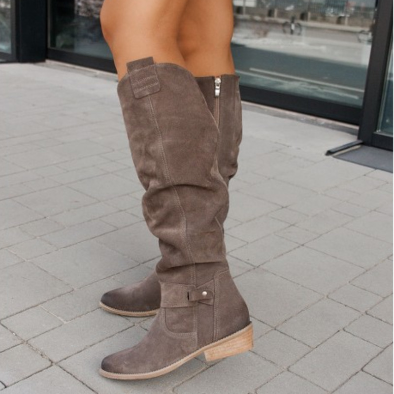 Women's Slouch Knee High Boots Flat Heel Buckle Strap Side Zip