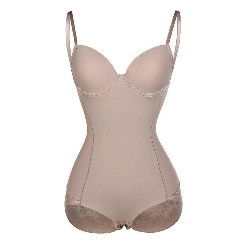 Women's Spaghetti Strap Lace Trim Shapewear Bodysuit Built-In Bra