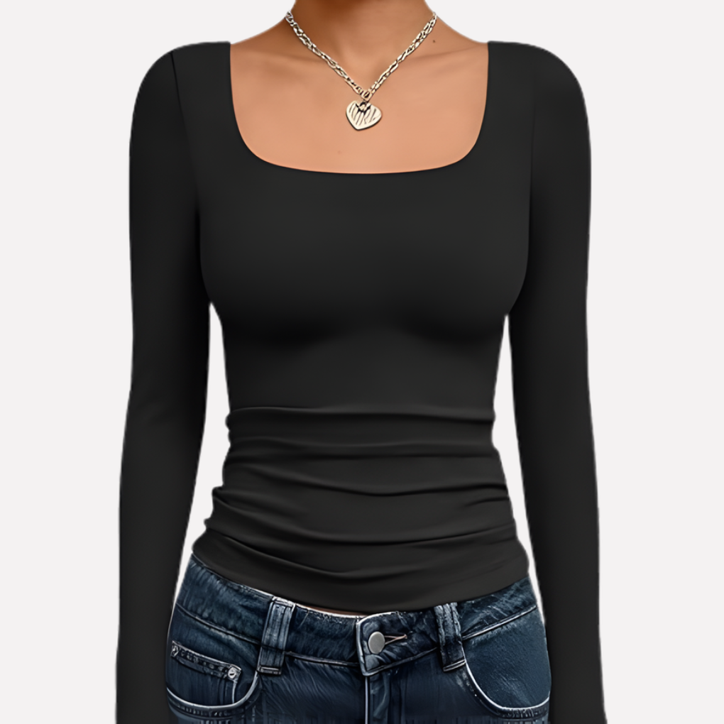 Women's Square Neck Long Sleeve Fitted Top Ruched