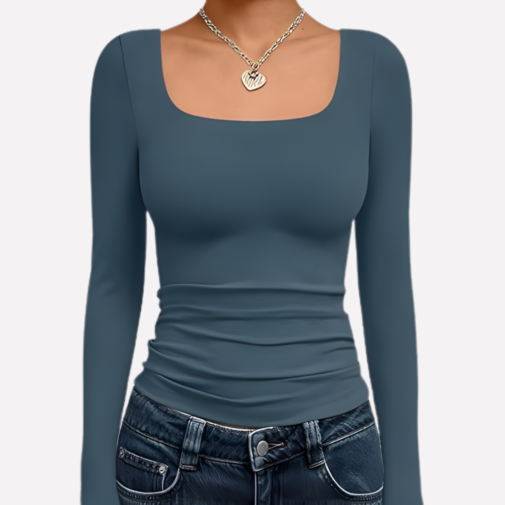 Women's Square Neck Long Sleeve Fitted Top Ruched