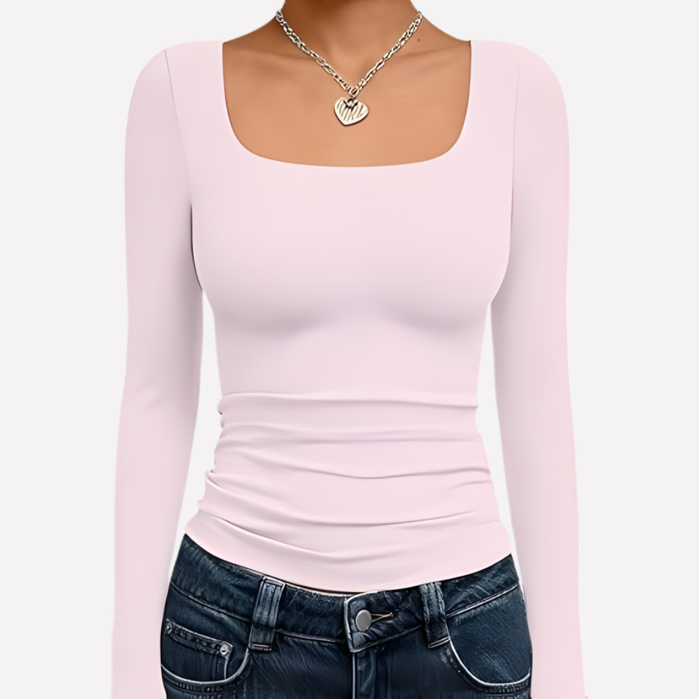 Women's Square Neck Long Sleeve Fitted Top Ruched