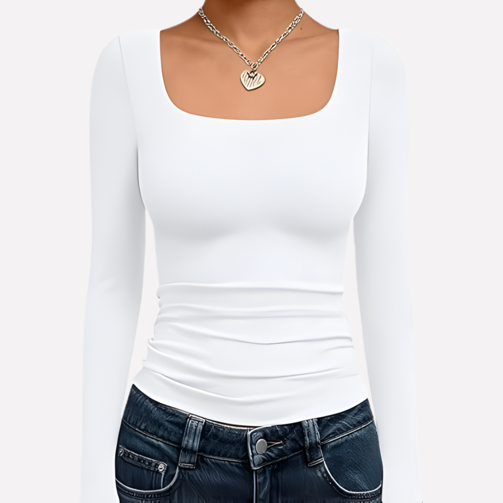 Women's Square Neck Long Sleeve Fitted Top Ruched
