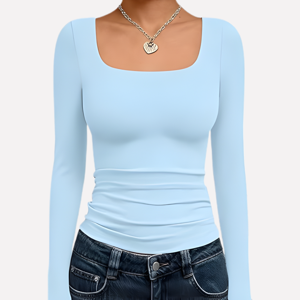 Women's Square Neck Long Sleeve Fitted Top Ruched