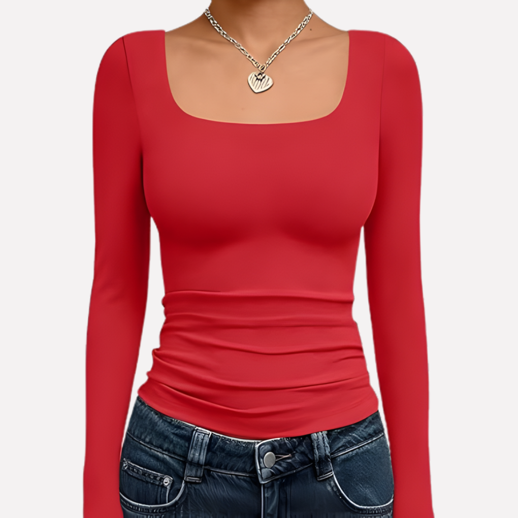 Women's Square Neck Long Sleeve Fitted Top Ruched