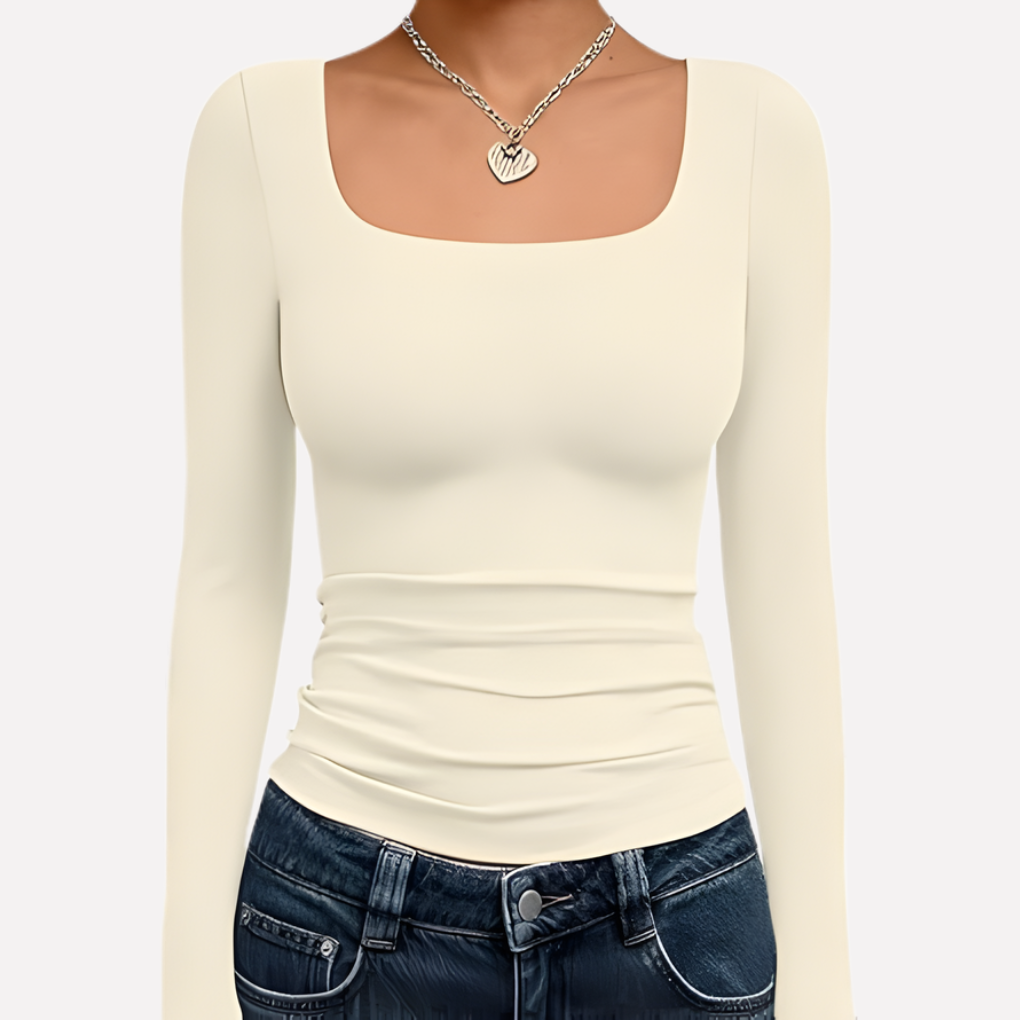 Women's Square Neck Long Sleeve Fitted Top Ruched