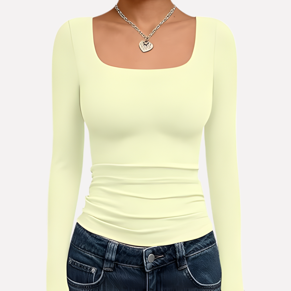 Women's Square Neck Long Sleeve Fitted Top Ruched