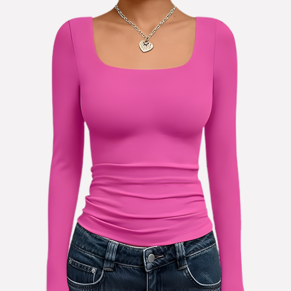 Women's Square Neck Long Sleeve Fitted Top Ruched