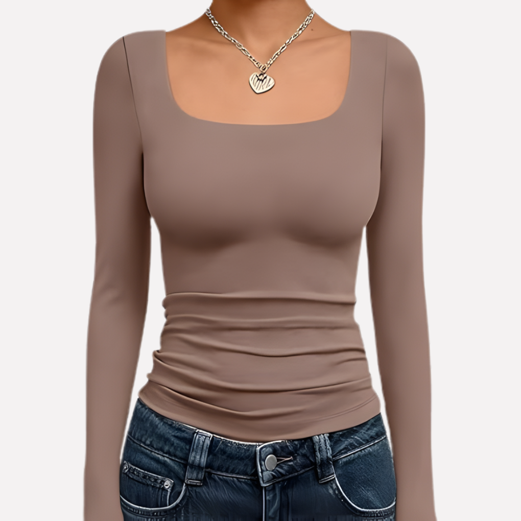 Women's Square Neck Long Sleeve Fitted Top Ruched