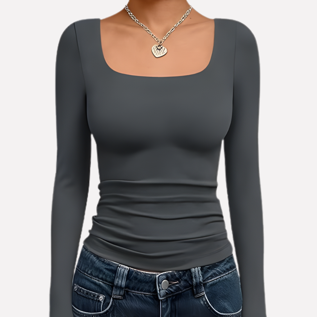 Women's Square Neck Long Sleeve Fitted Top Ruched