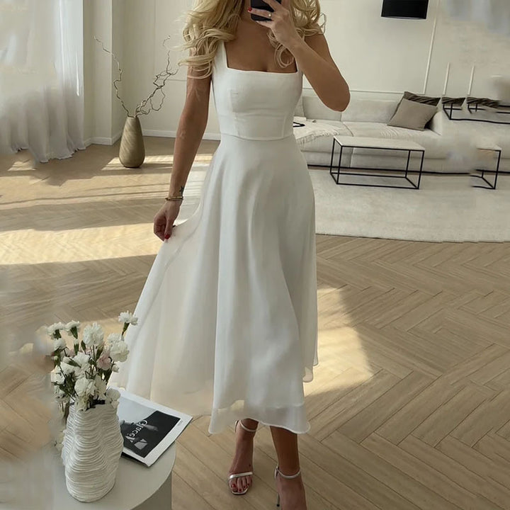 Women's Square Neck Wedding Guest Dress Midi White Flowy A-Line