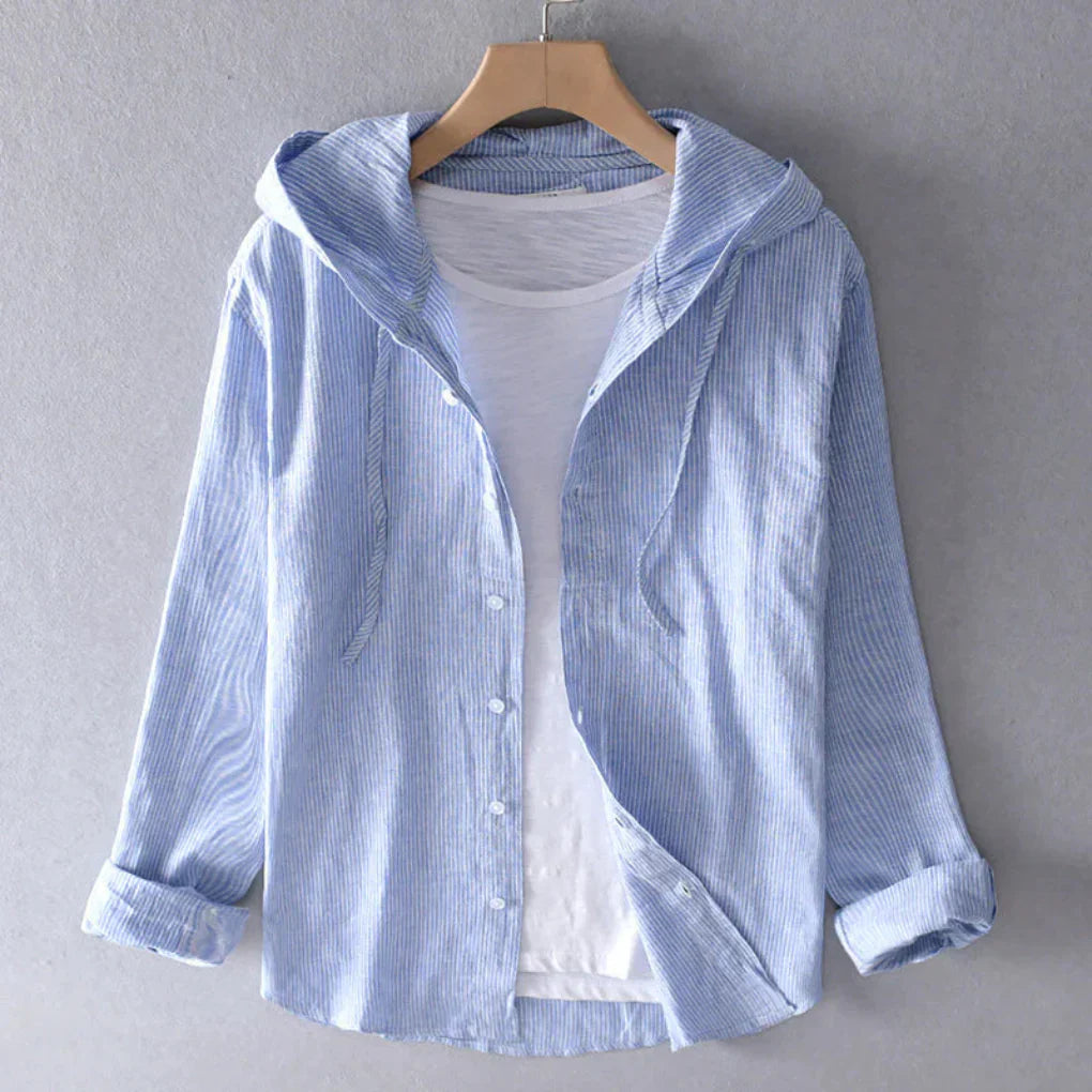 Women's Striped Hooded Linen Shirt Long Sleeve Button Down