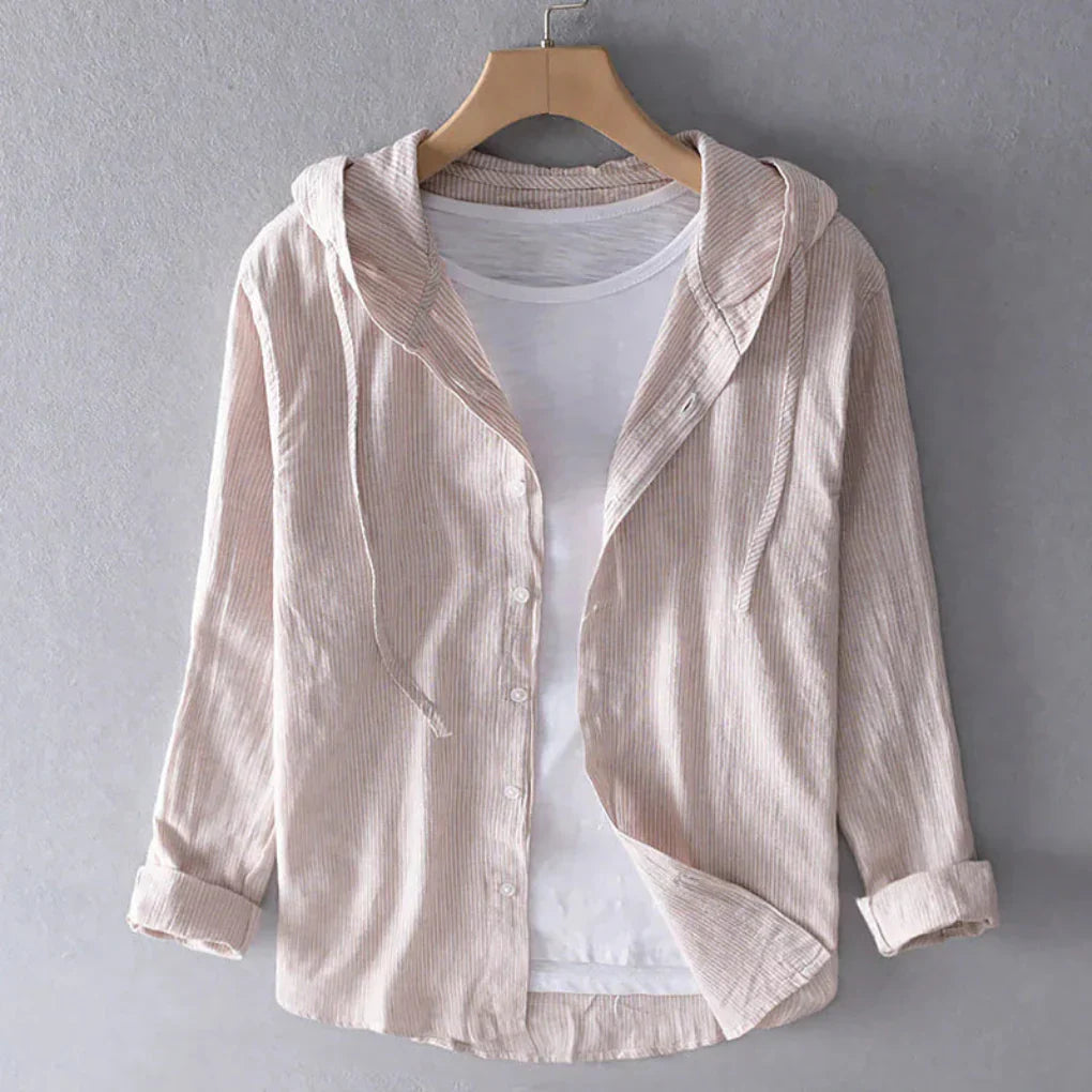 Women's Striped Hooded Linen Shirt Long Sleeve Button Down