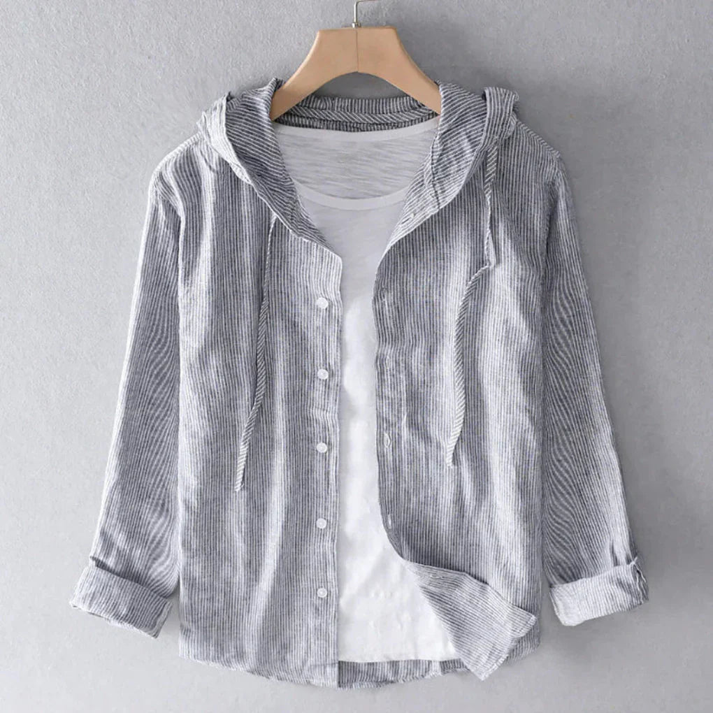 Women's Striped Hooded Linen Shirt Long Sleeve Button Down