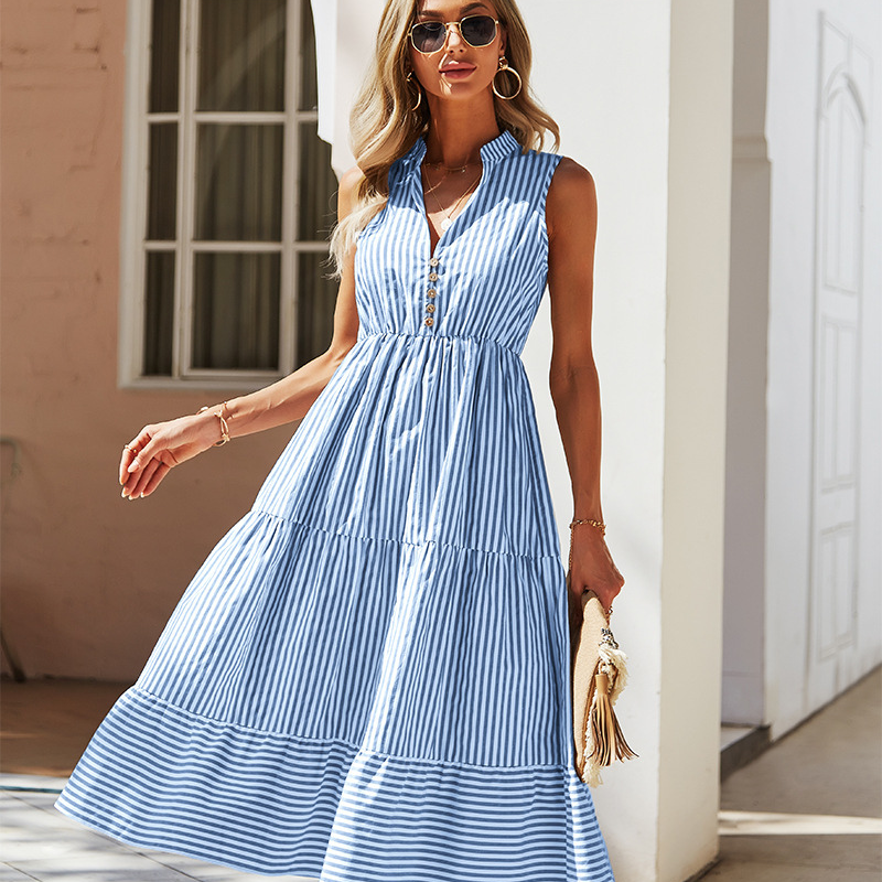 Women's Striped Sundress Sleeveless Midi Tiered Flowy